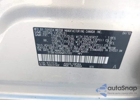 2010 Toyota Rav4 z USA, uszkodzony, nr VIN 2T3BF4DV8AW052302